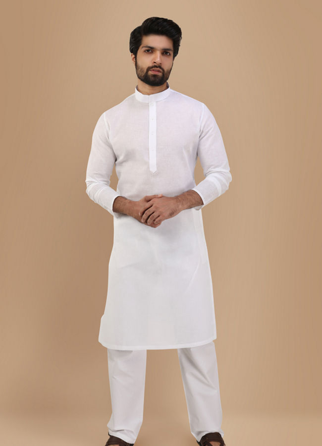 Buy Pearl White Solid Kurta Set Online in the USA Manyavar Kurta Pajama for Men